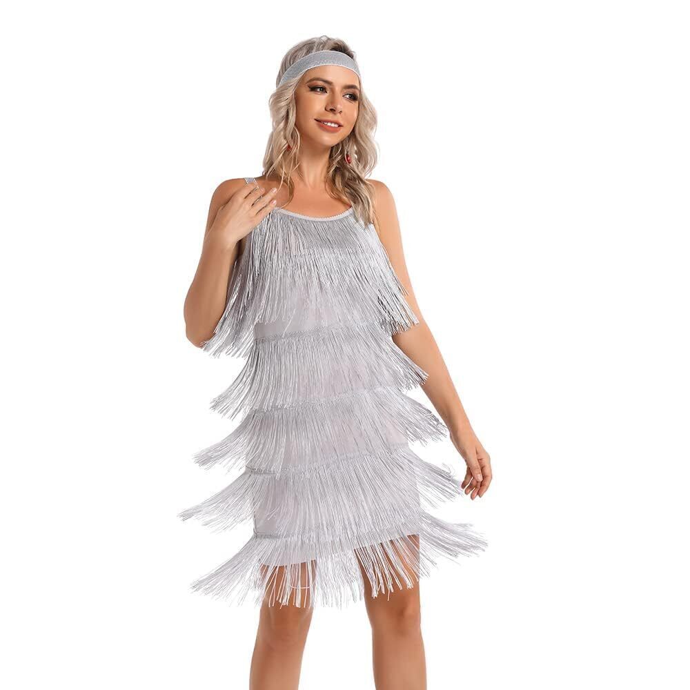 3452 Great Gatsby Flapper Spaghetti Tassel Dress with Headband, 20s Elegant